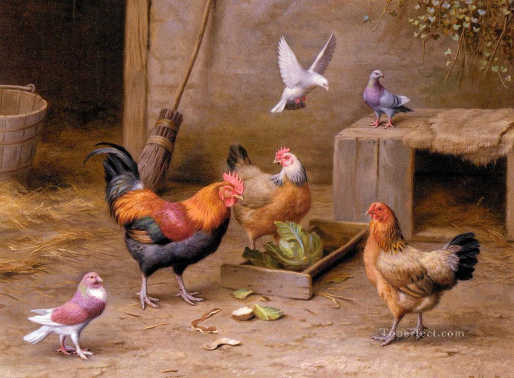Chickens In A Farmyard poultry livestock barn Edgar Hunt Oil Paintings